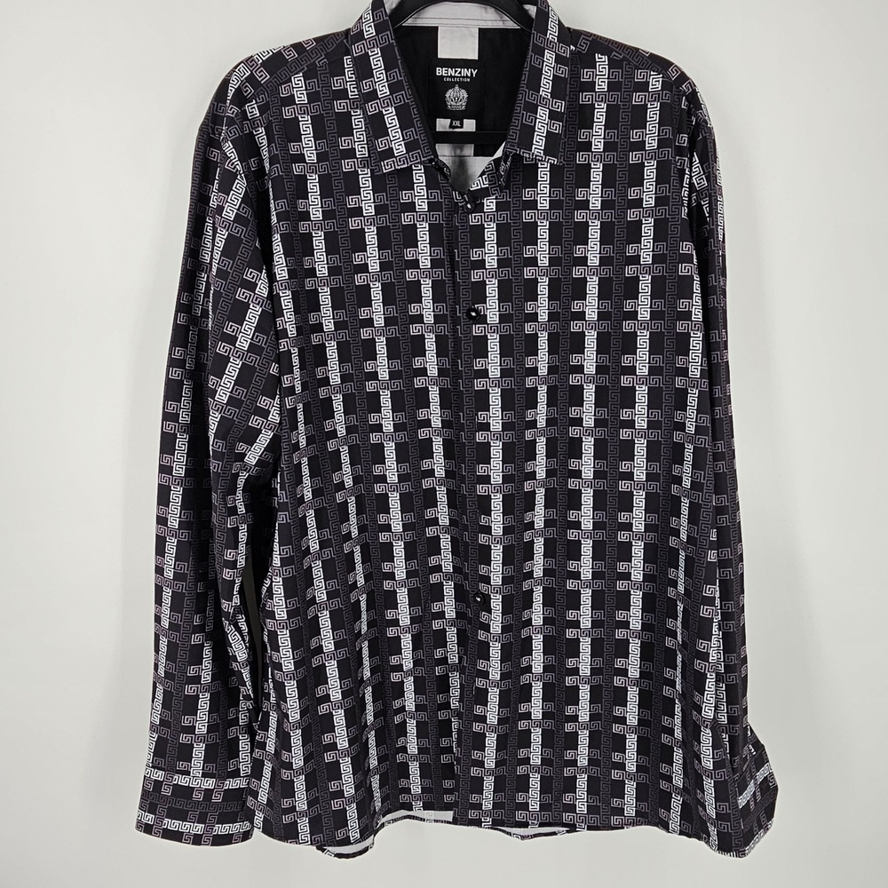 BENZINY COLLECTION Mens‎ XXL Black Silver Greek Key Pattern LS Button Up Shirt